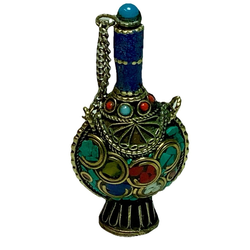 Vintage Nepal Handmade Copper Snuff Bottle Gemstone Inlaid Chinese Collectible